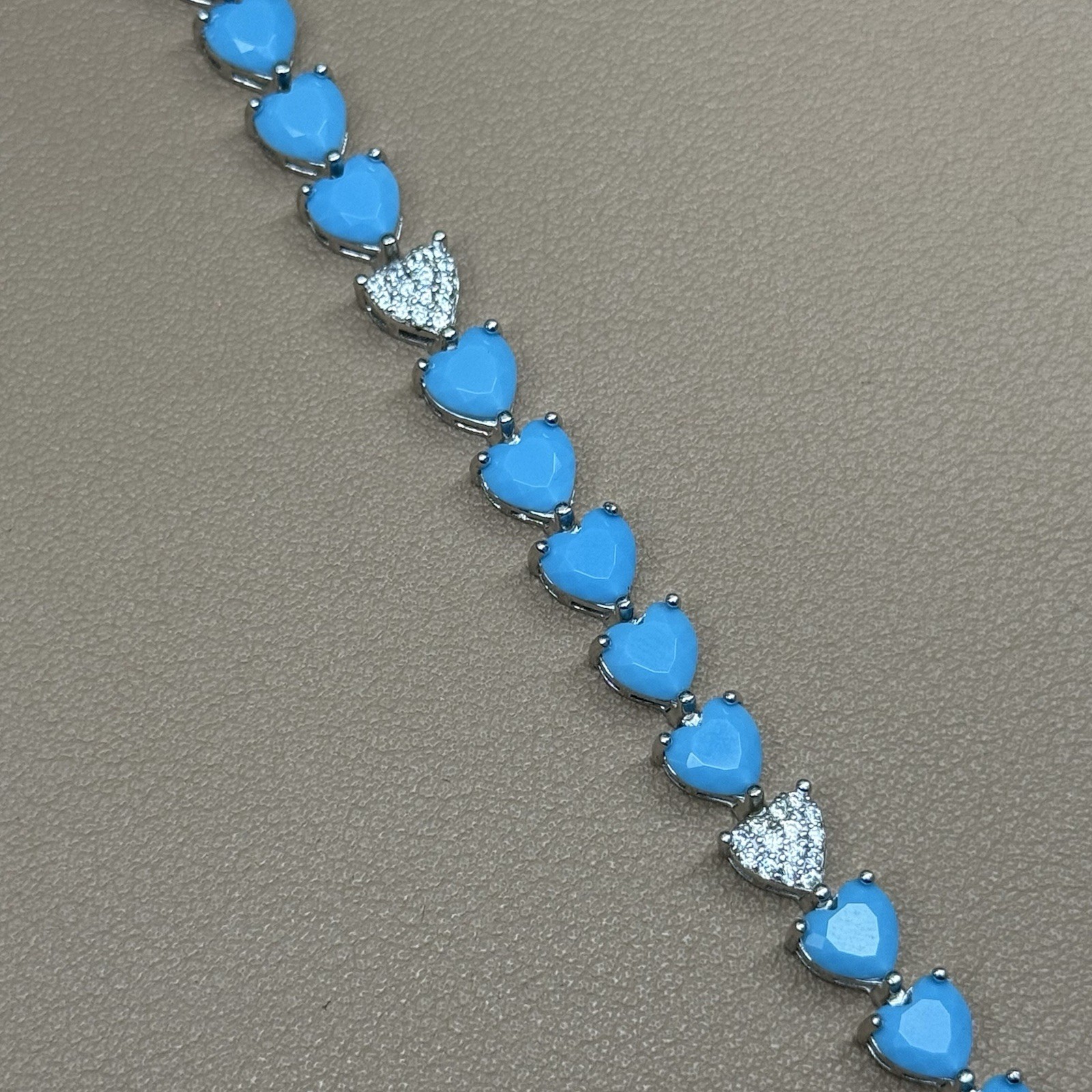 925 Sterling Silver Lab Turquoise CZ Heart Tennis Bracelet 13g 6.75” 6.7mm