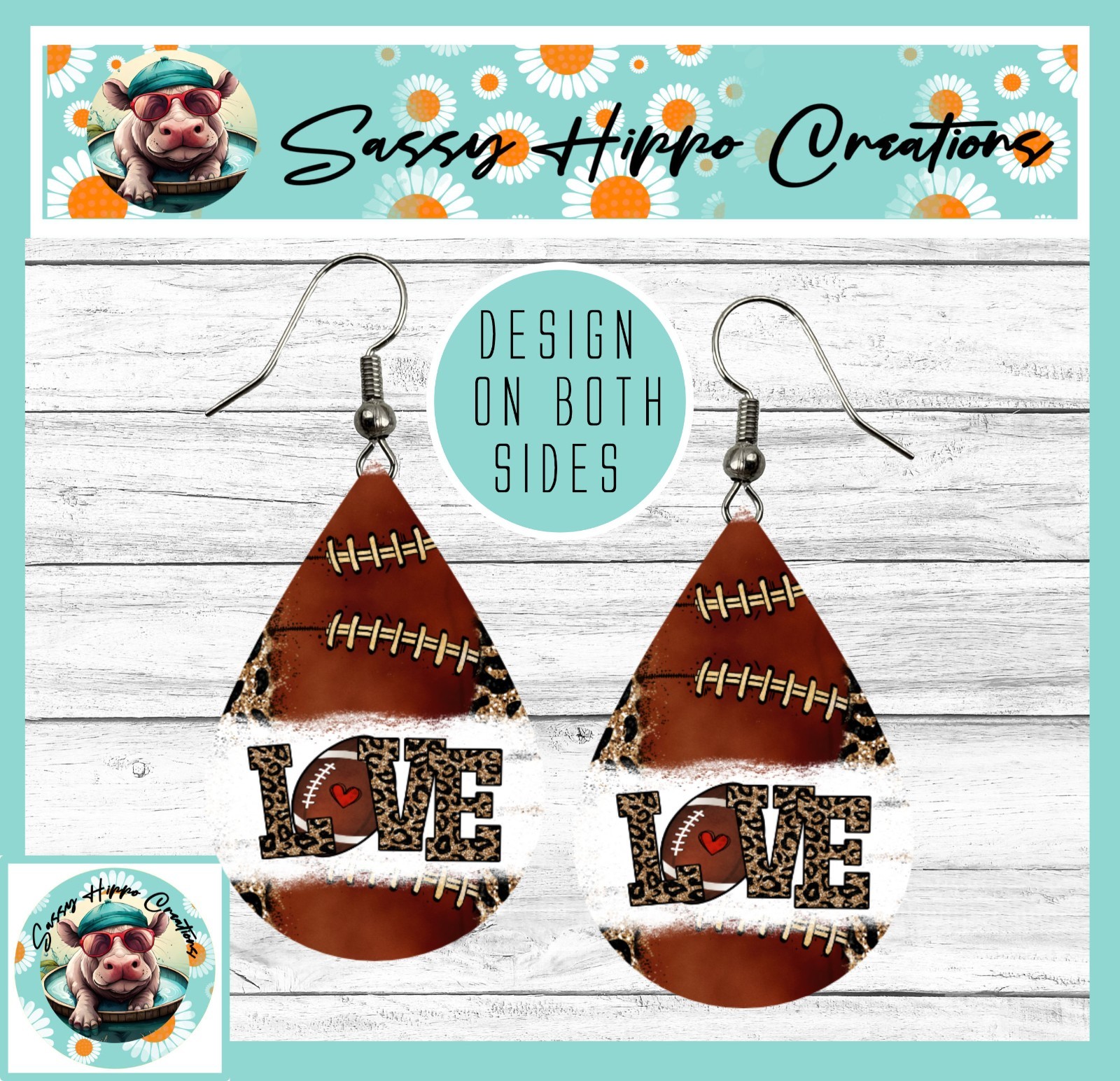 Earrings Teardrop Silver Hook Backs Football Love Momma Mom Sports MDF Sublimate
