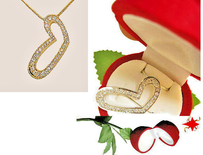 Rose Gift Box CZ heart necklace 18kt yellow gold or silver pendant New