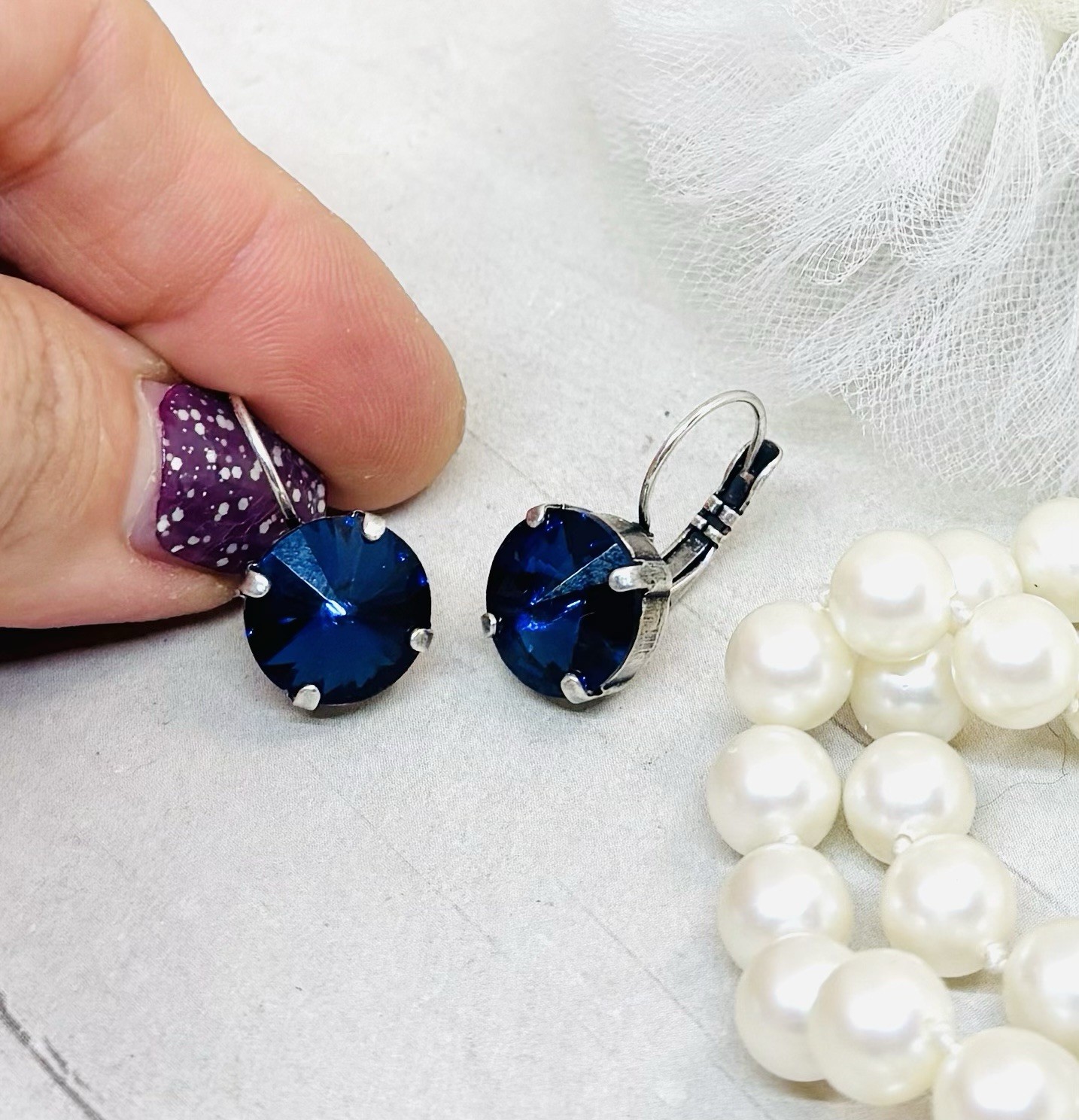 12mm Antique Silver Plated Navy Blue Cup Chain Drop Earrings