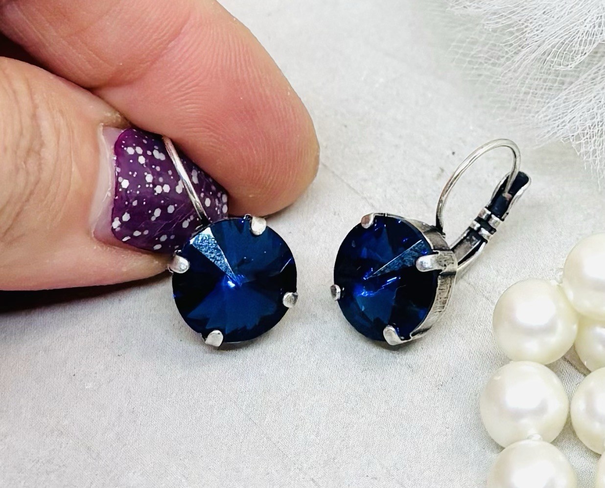 12mm Antique Silver Plated Navy Blue Cup Chain Drop Earrings