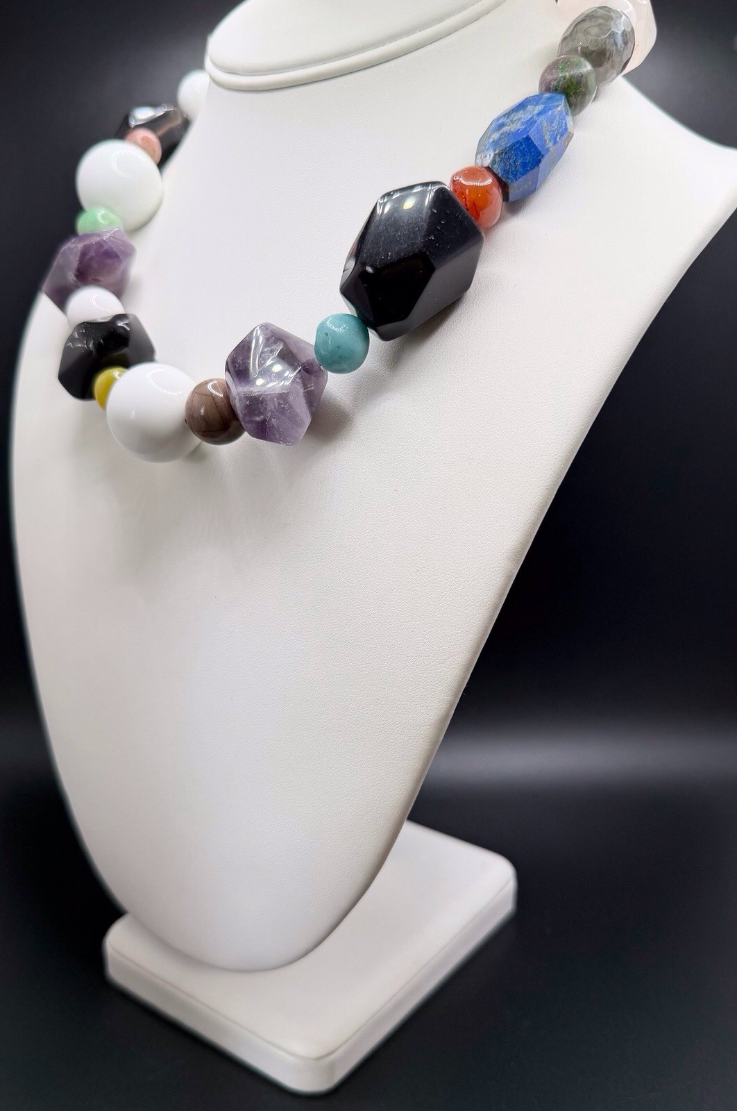 Multicolor Natural Beads Variety Of Stones Chunky Statement Necklace 17.5”