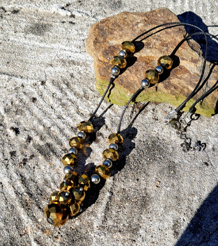 Grunge Style Necklace silver and gold foil beaded black leather rope 90s Era 21″