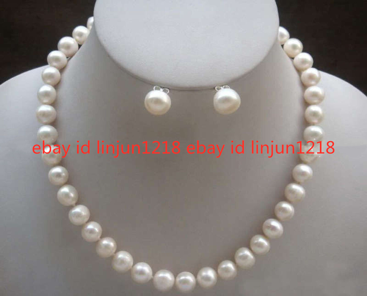 Beautiful Natural 8-9mm Real White Cultured Pearl Necklace Earrings set AA