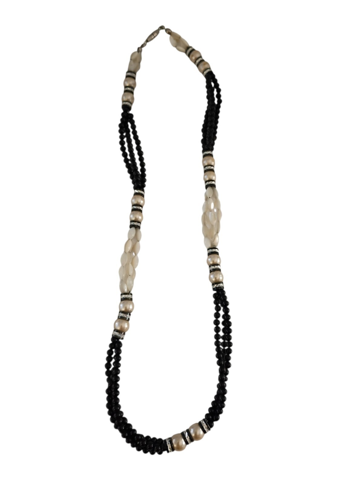Vintage Multi Strand Beaded Necklace Black Onyx and White Rice Pearls
