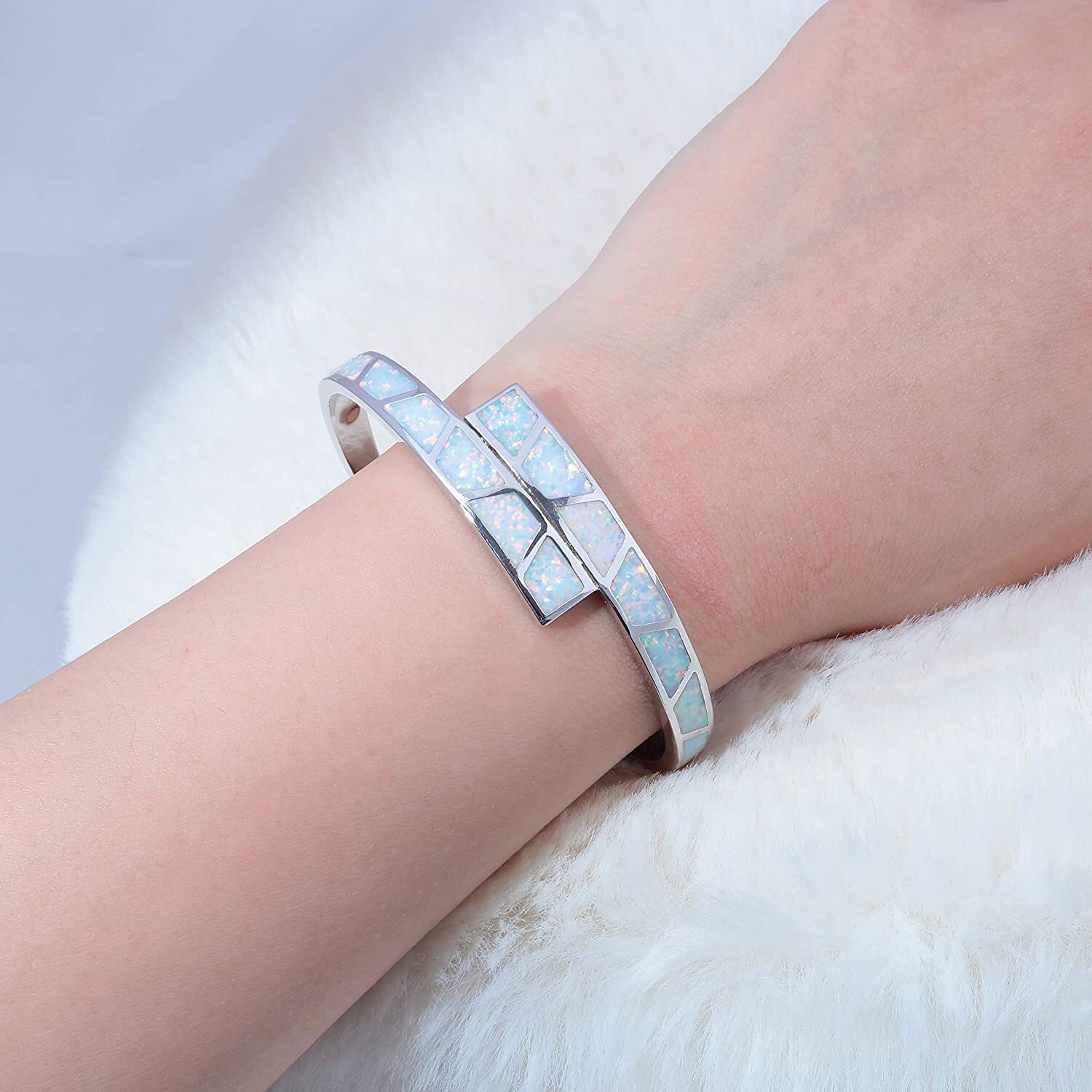 White Opal Double Striped Pattern Bangles 925 Sterling Sliver Jewelry For Women