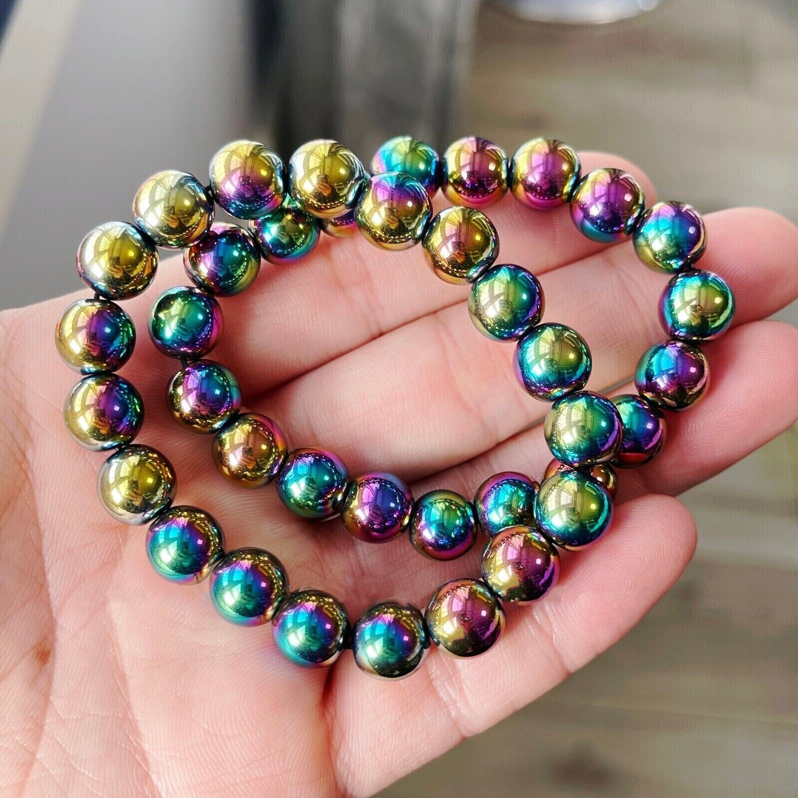 6/8/10mm 2Pcs Genuine Natural Rainbow Bismuth Crystal Gems Beads Bracelet 7.5″