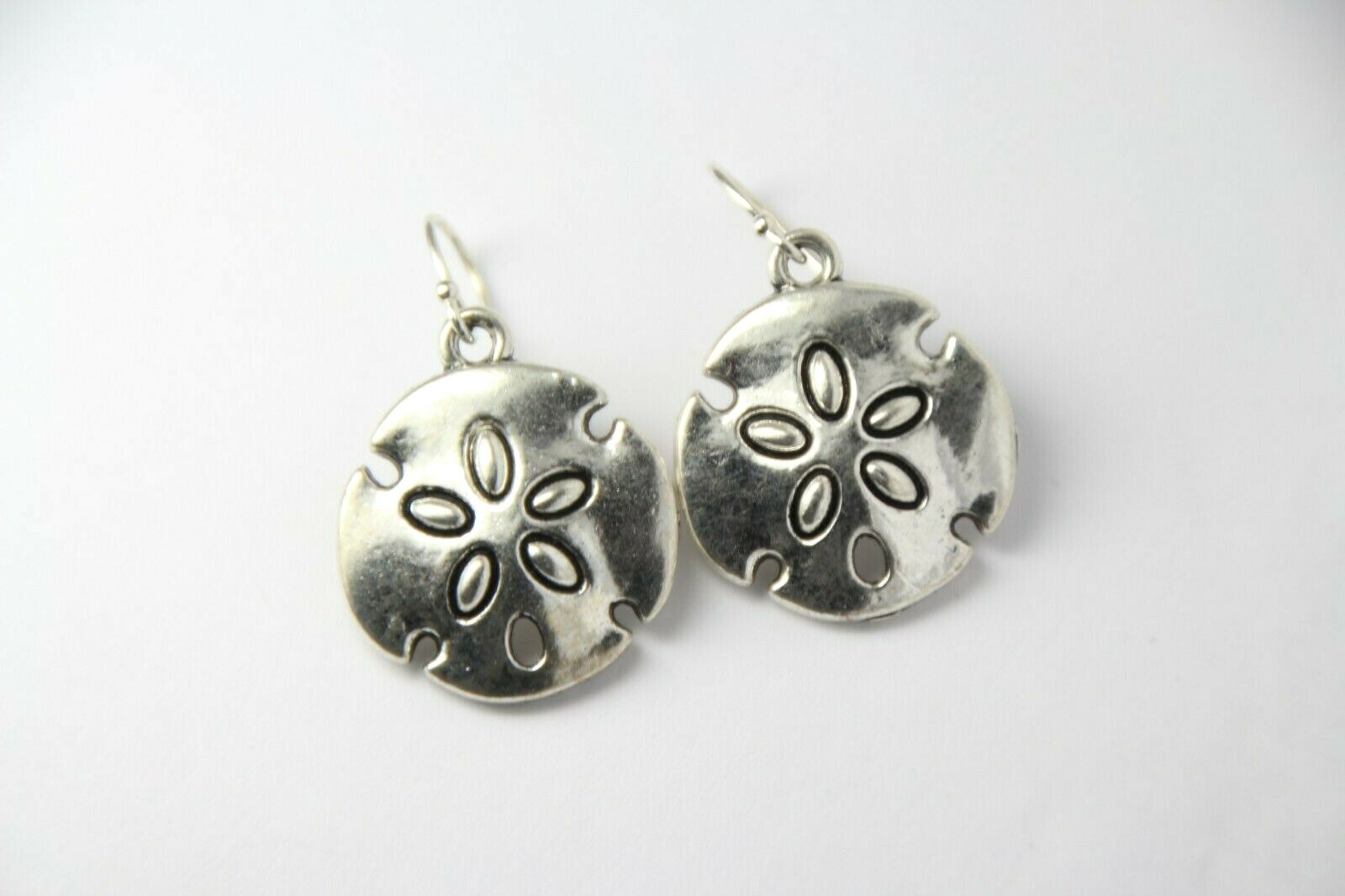 Sand Dollar Beach Charm Earrings .925 sterling silver Hooks pewter Charms 1 1/4″