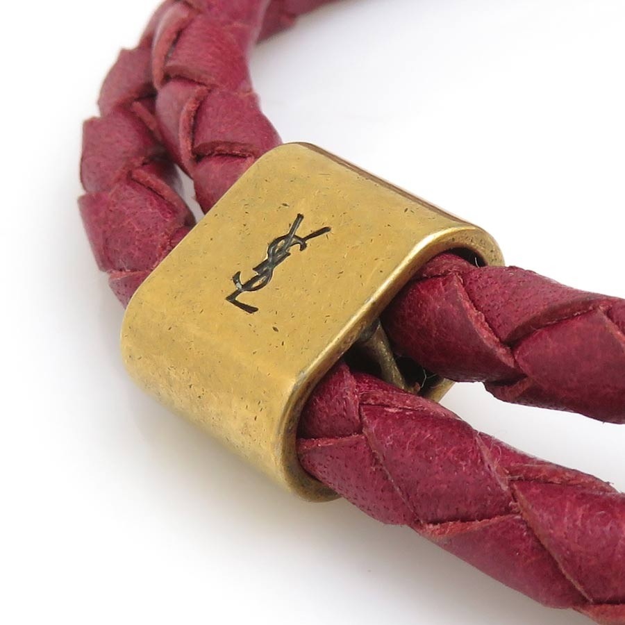 Auth SAINT LAURENT Bracelet Bordeaux/Gold Leather/Metal – r11338a