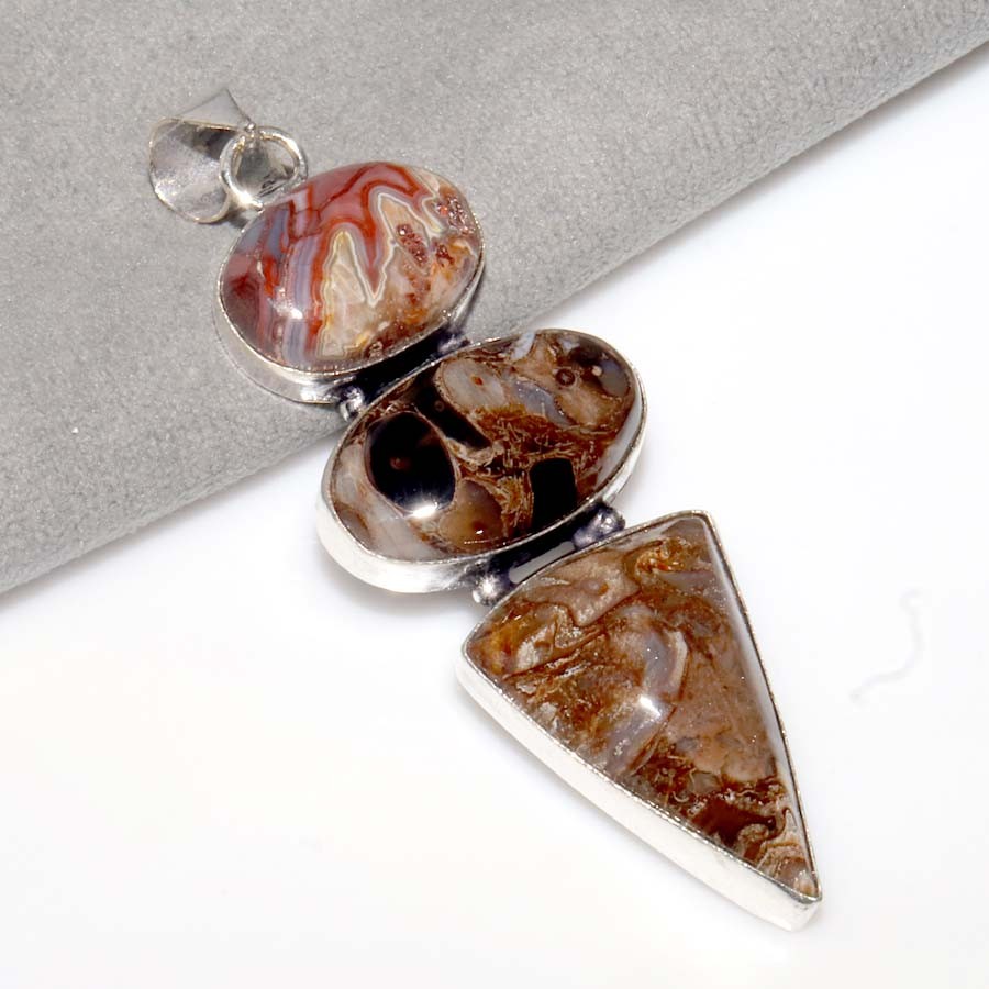 Long Rock Fossil 925 Silver Plated Pendant 2.9″ Festive Look Jewelry Trendy JW