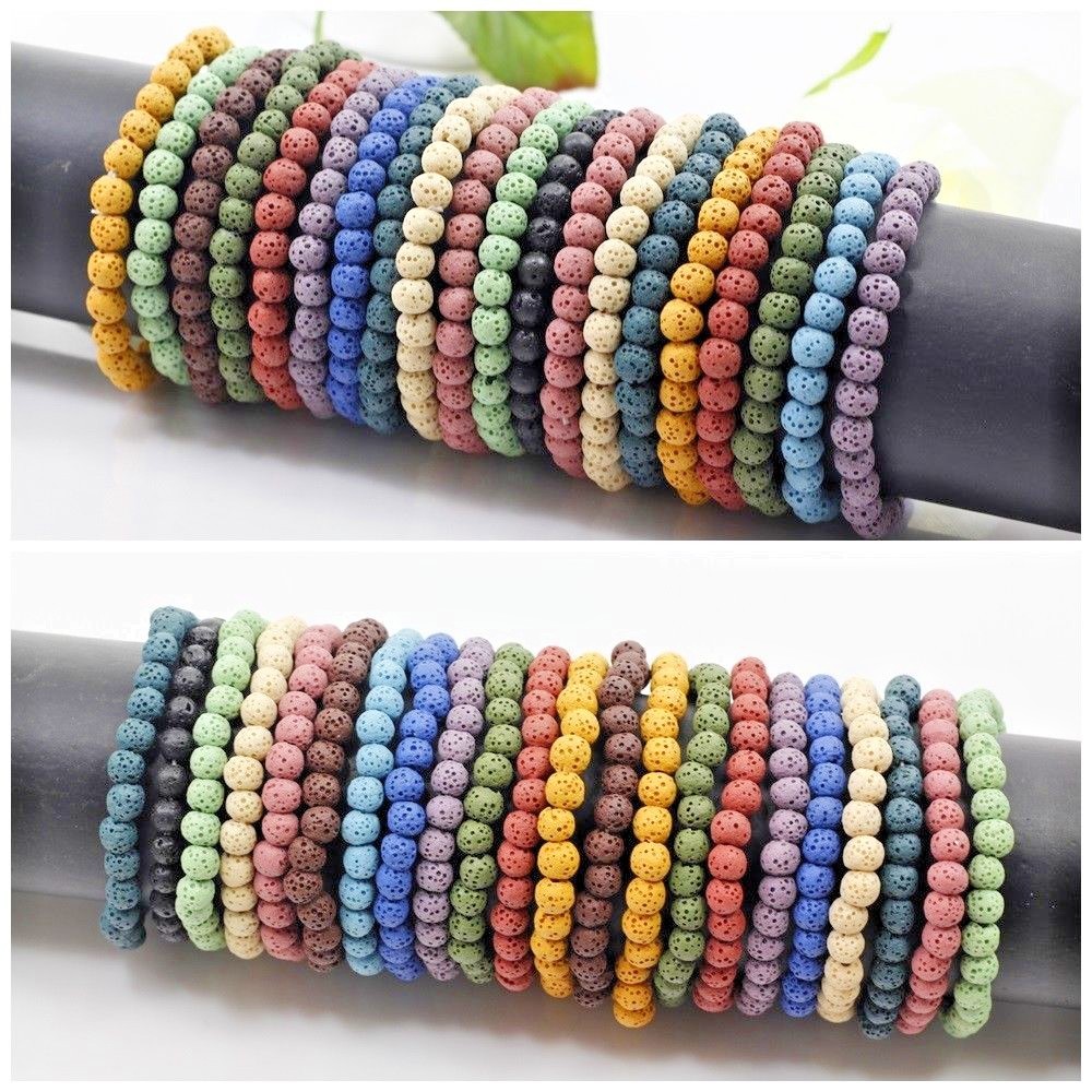 Men Lava Stretch Bracelet Round Bead Elastic 6mm 8mm 10mm Handmade 7.5″ black