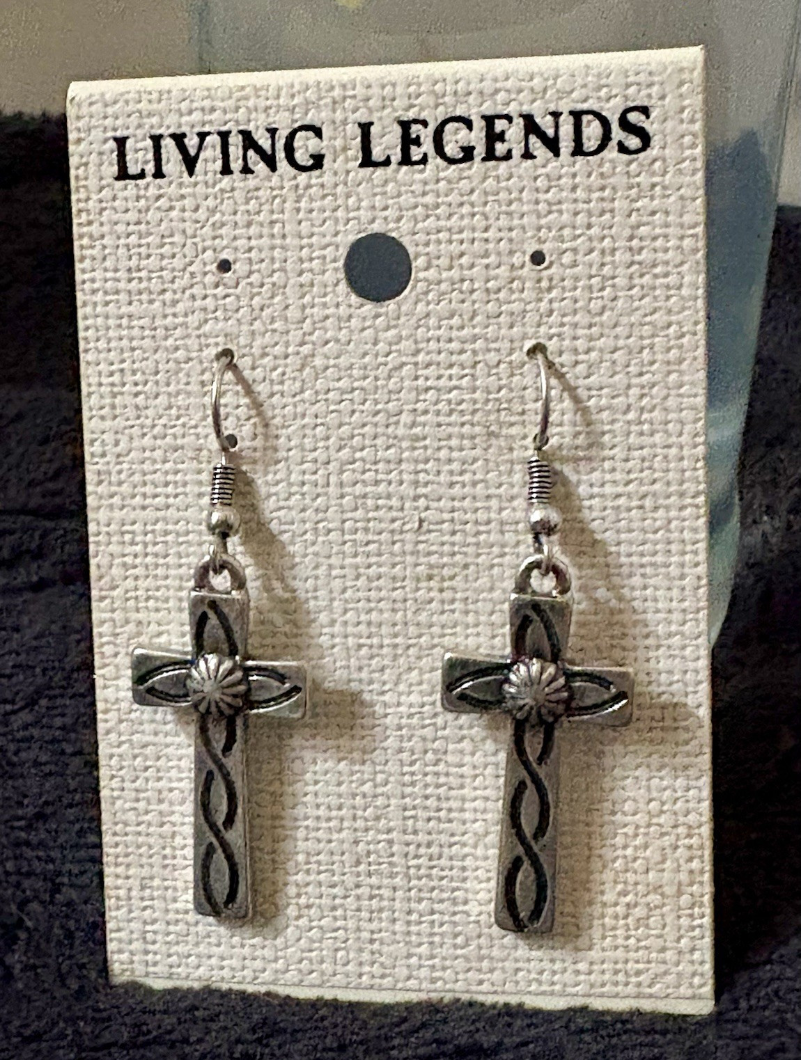 Silver Tone Cross Dangle Drop Hook Earrings Religious Theme No Stone Metal
