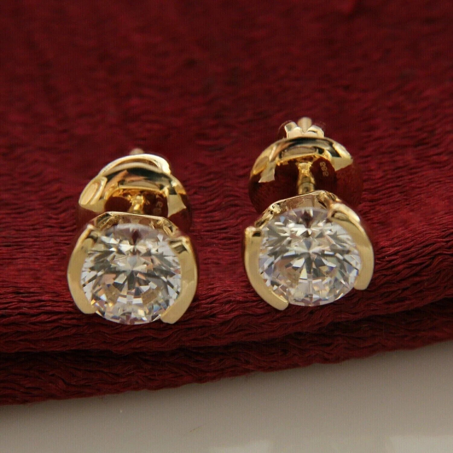 14K Yellow Gold Plated 2Ct Round Cut Simulated Diamond Solitaire Stud Earrings