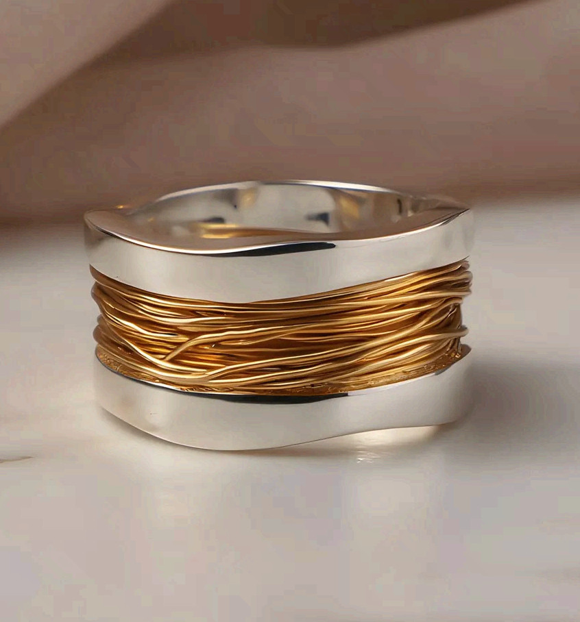 Two Tone Mixed Metal Wire Wrapped Statement Ring Wide Band