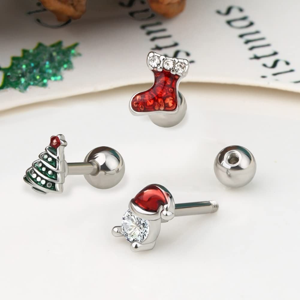 3PCS Christmas Tragus Earrings Cartilage Stud, 316L Surgical Steel, 16G 6MM