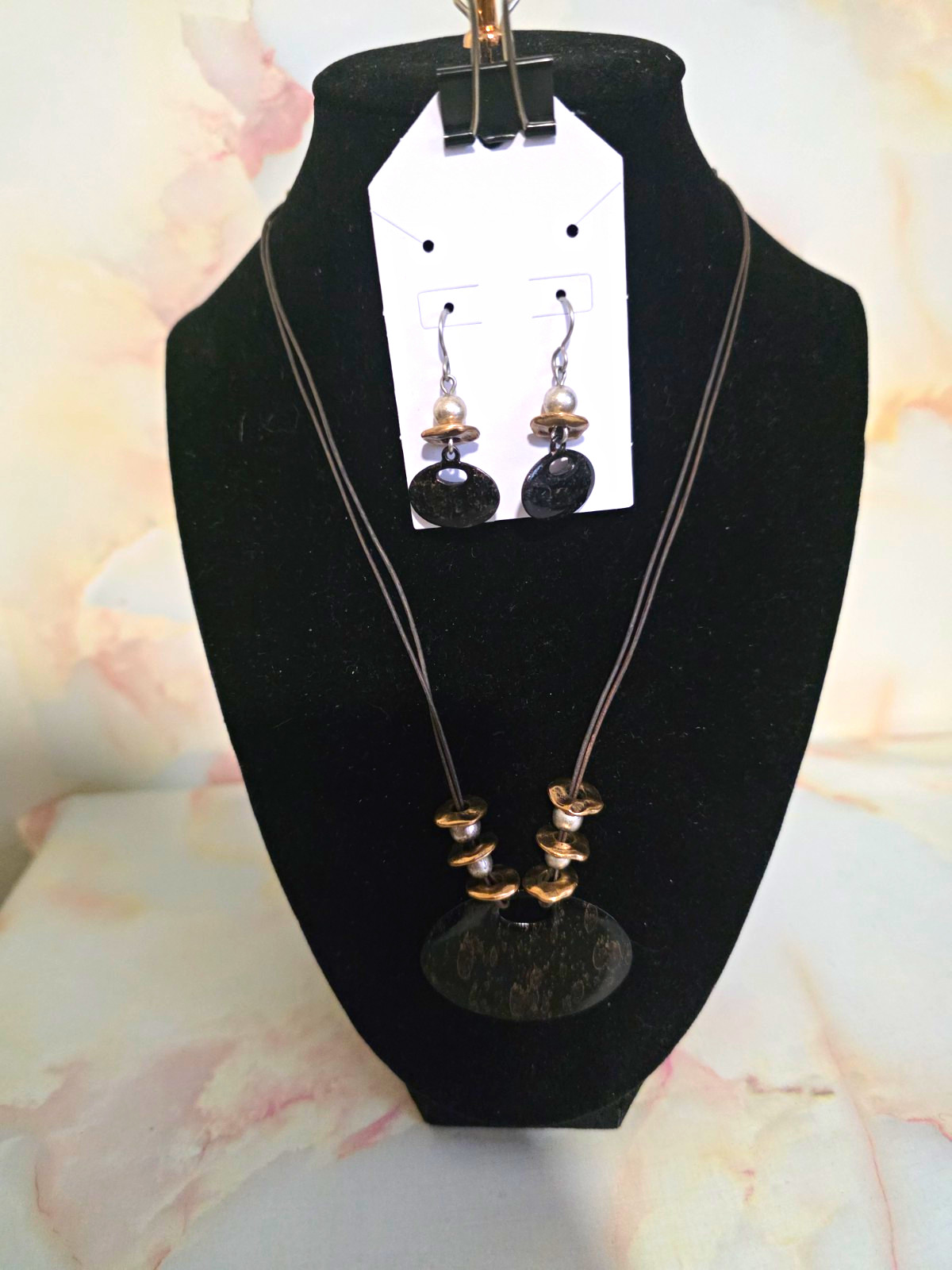 Chico’s Black Bronze Tone Jewelry Set Necklace & Dangle Earrings No Stone Signed