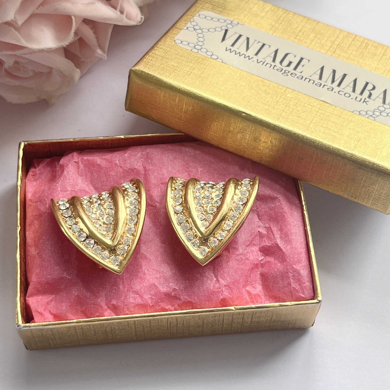 Vintage Bijoux Cascio Sparkly Diamanté Clip On Gold Plated Earrings