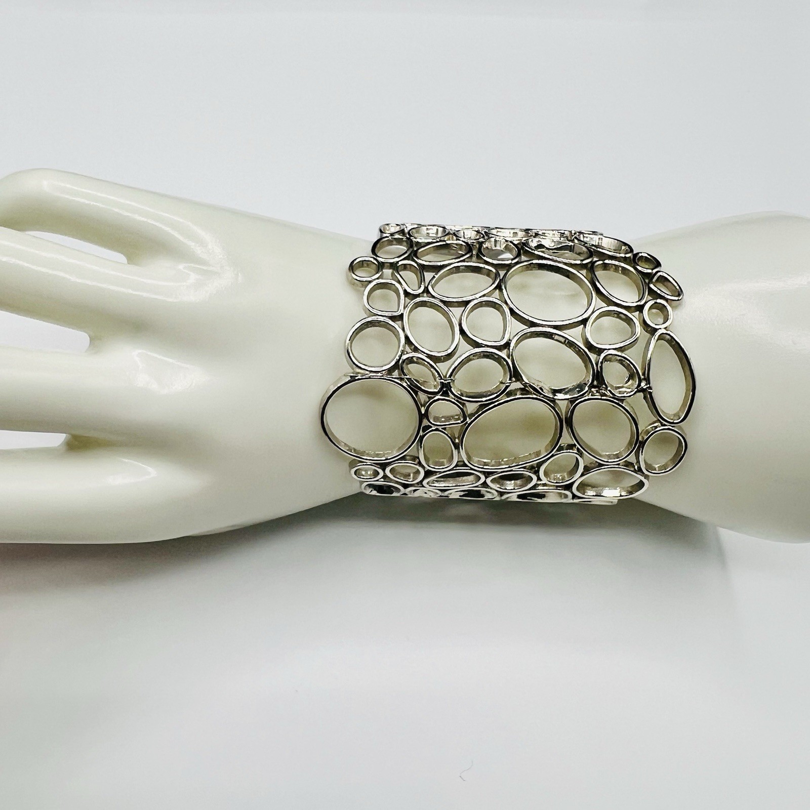 Wide Silver Tone Open Circle Cuff Bracelet Bubble Abstract Statement Modern Bold