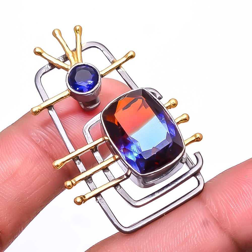 Bi-Colour Tourmaline Black And Gold Plated 925 Silver Pendant 1.56″ P51840041