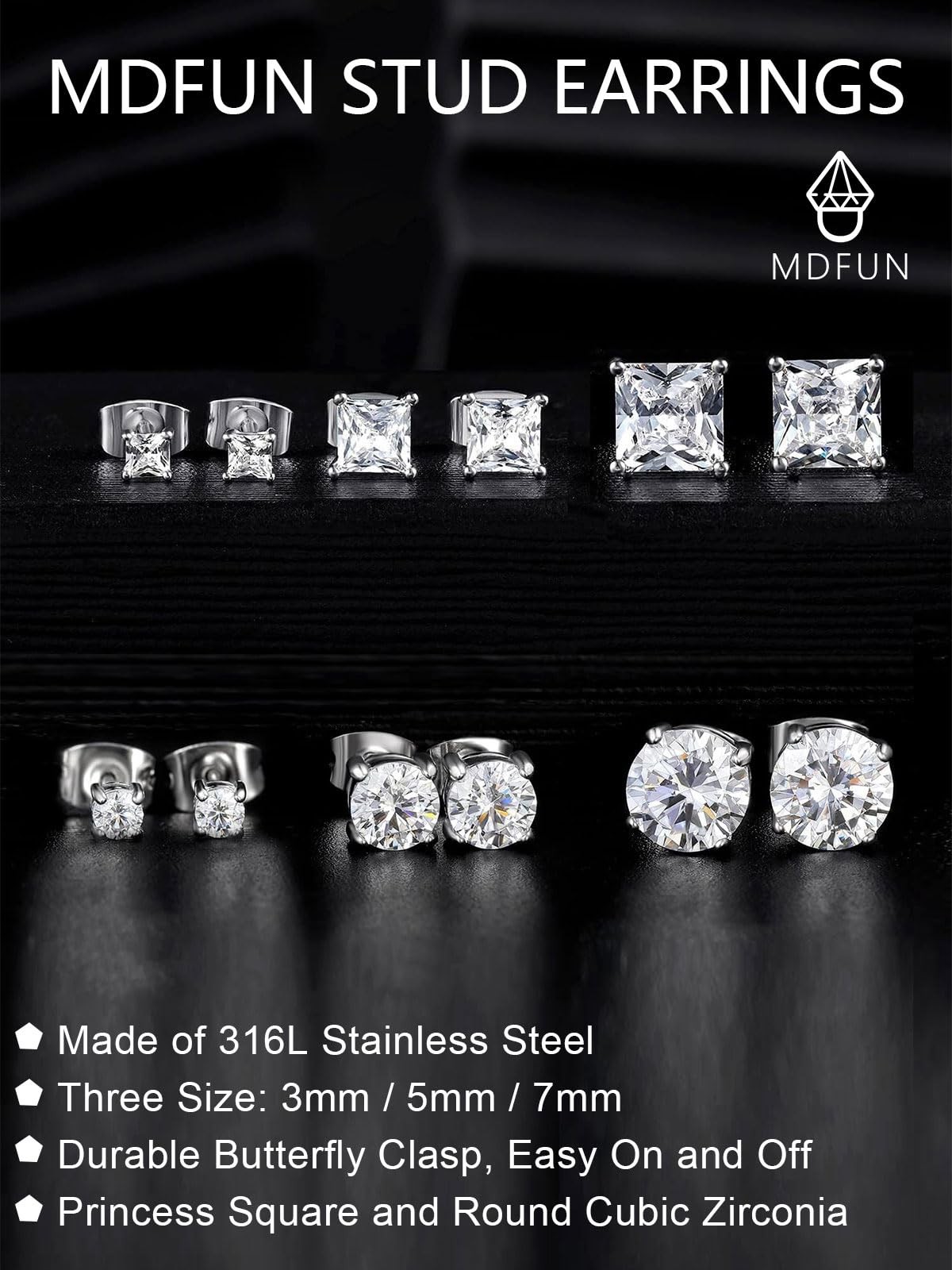 6 Pairs Earrings Set for Men 316L Stainless Steel 3/5/7mm CZ Round and Prince…