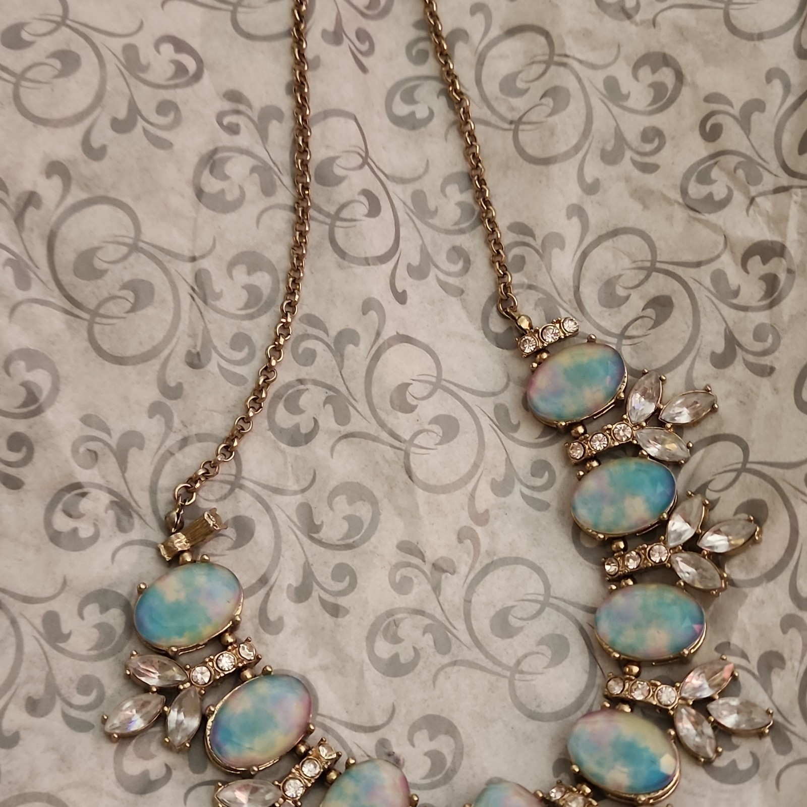 Gold Tone Statement Necklace Oval Blue/White Simulated Glass & Crystal, Adj