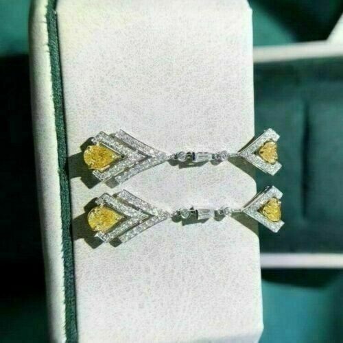 Pear Cut Simulated Yellow Sapphire Drop/Dangle Earrings In 14k White Gold Plated