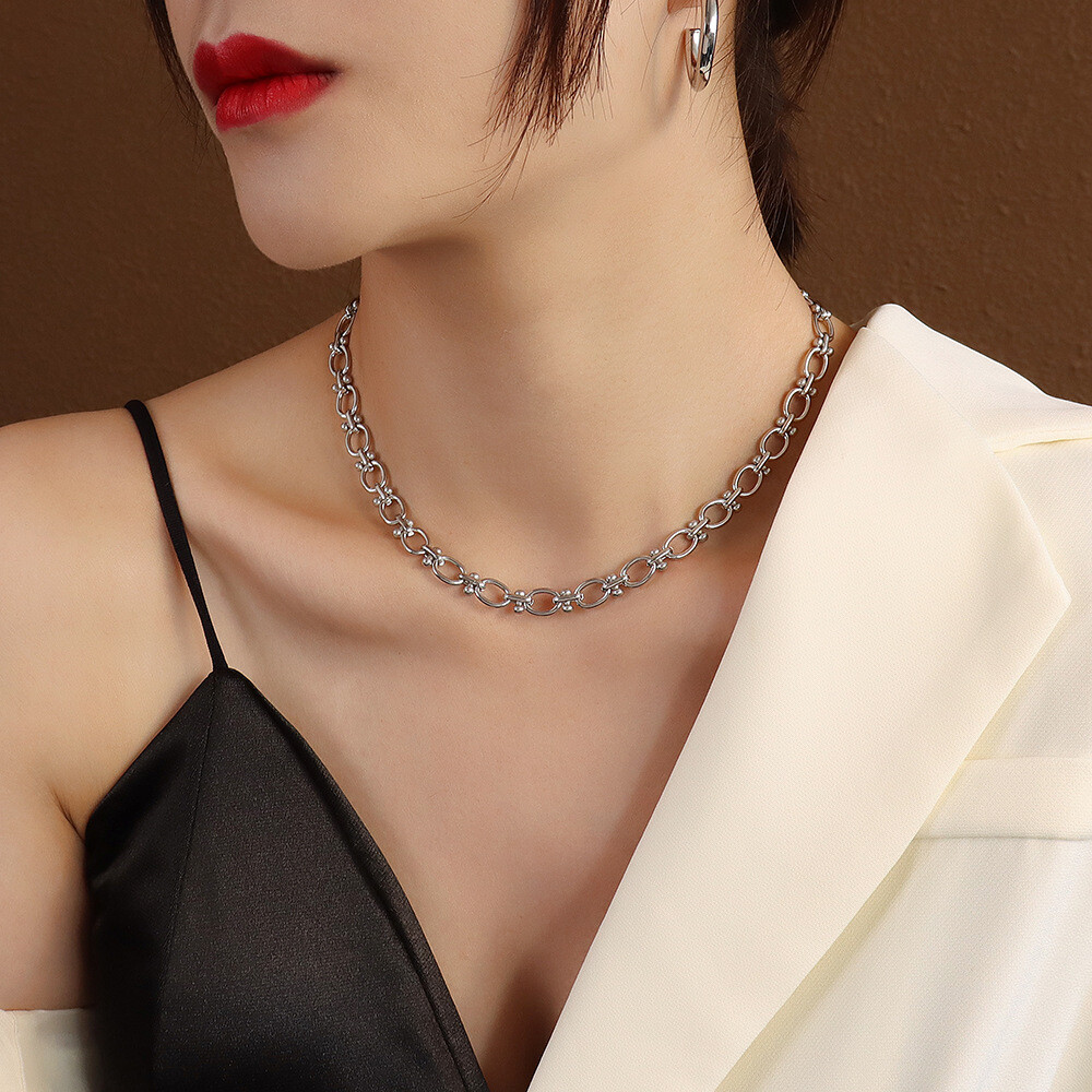 10mm Woman 18K Gold Plated Stainless Steel Rolo Link Chain Necklace 15.7-17.7”