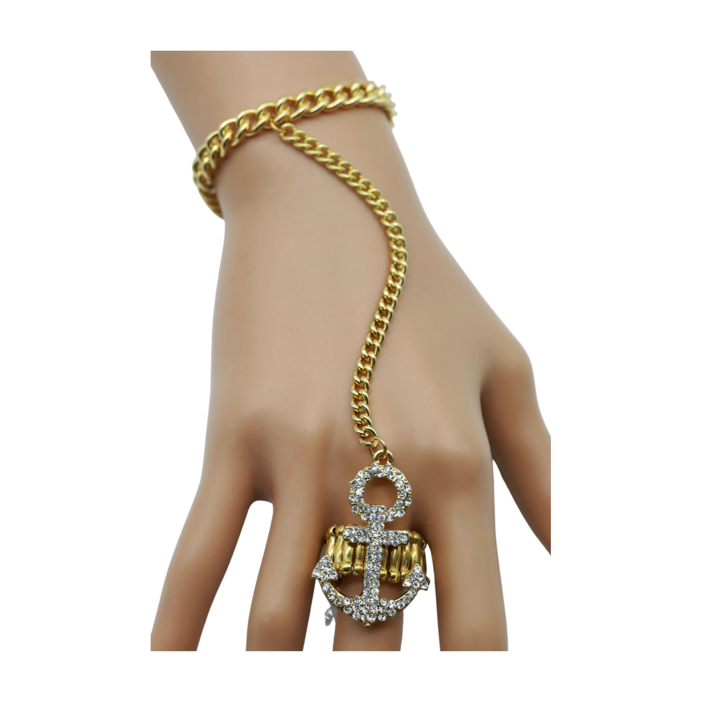 Hot Women Gold Metal Hand Chain Bracelet Connected Anchor Ring One Size Fits All