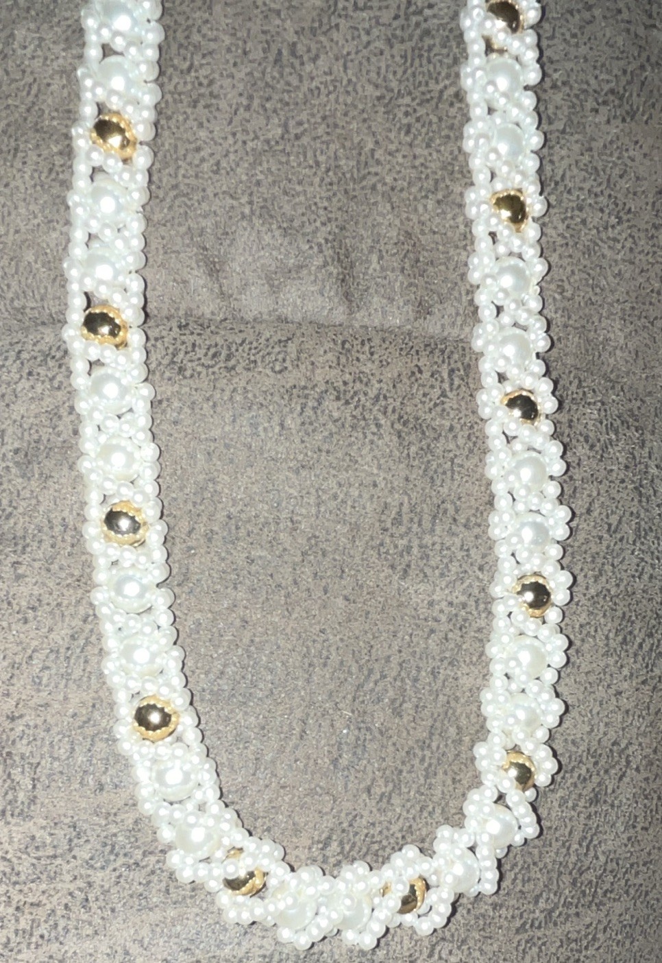 Vintage White Simulated Pearl Beaded Chain Necklace Strand w/ Gold-Tone Accents