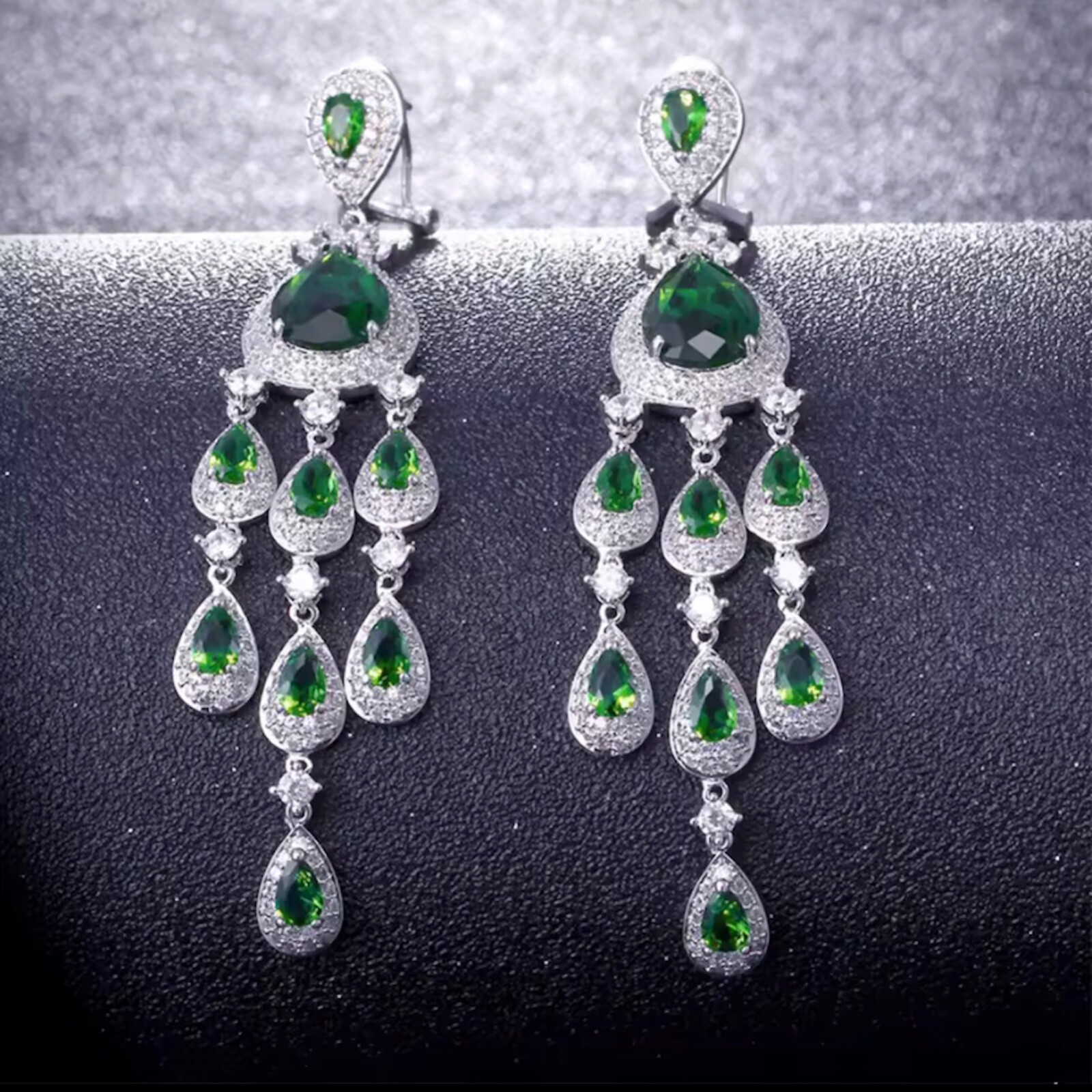18k Platinum Plated Lab-Created Green Emerald & Diamond Long Chandelier Earrings