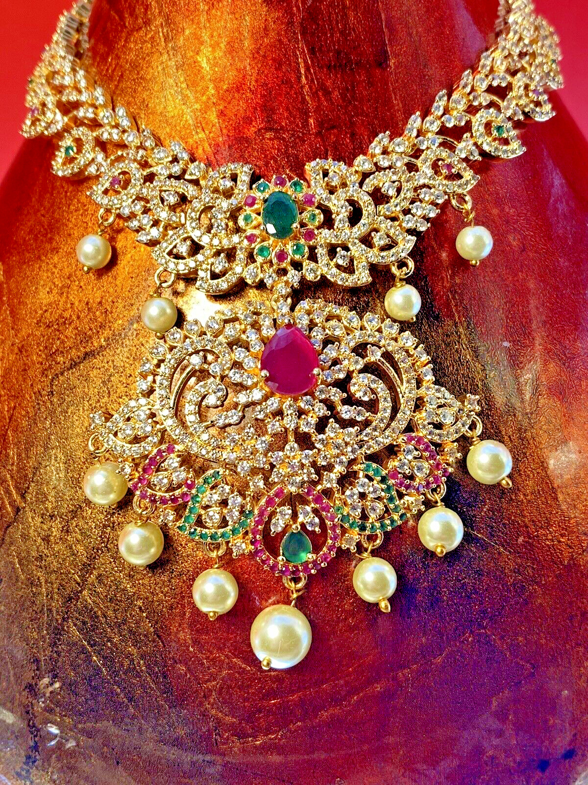 Indian Formal Temple Necklace Traditional Red Green Jewels Bollywood “Maya”