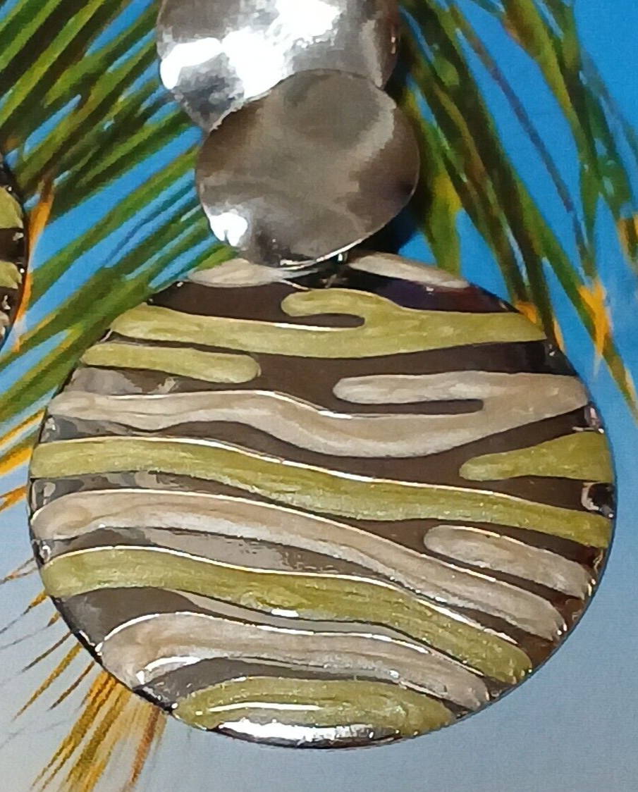 Multi Layer Silver Tone Alloy Disc Earrings with Green and Tan Wavy Design
