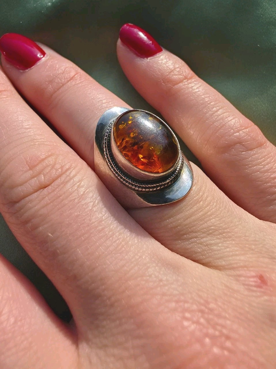 Vintage Silver Bezel Set Oval Amber Cabochon Boho Ring Size 8