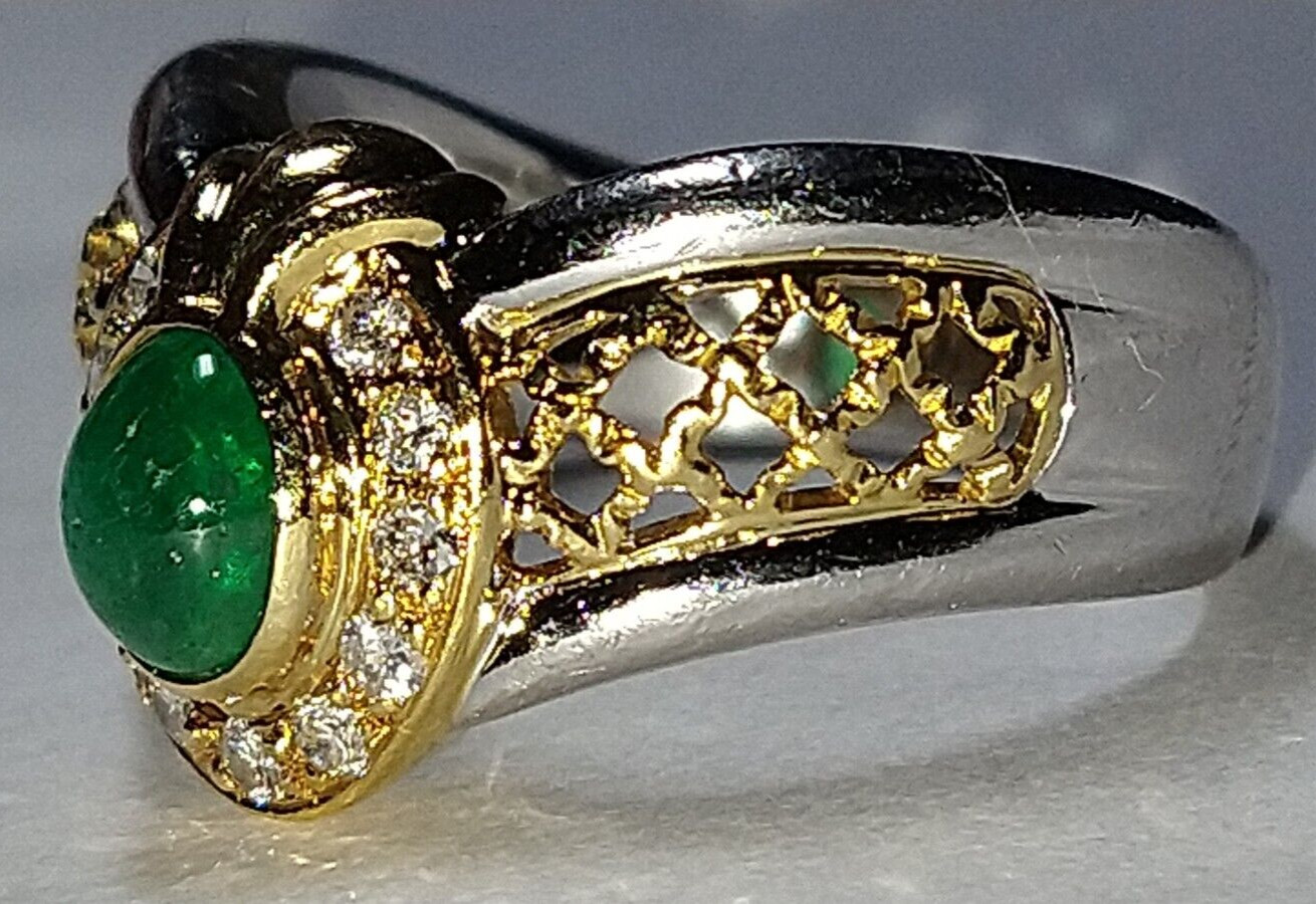 Solid heavy platinum & 18k gold 0.91 carat natural emerald diamond ring 8.76 grm