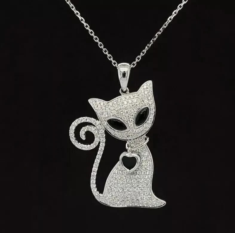 2 Ct Round Cut Simulated Diamond Women Cat Pendant 14k White Gold Plated