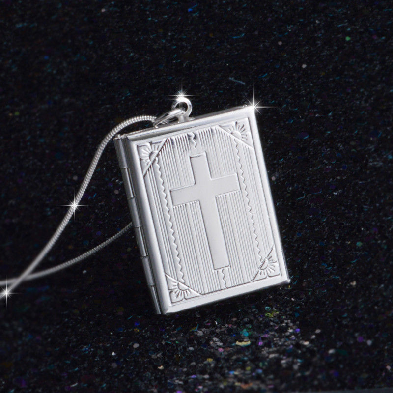925 Sterling Silver Christian Jesus Cross Crucifix Bible Book Locket Necklace