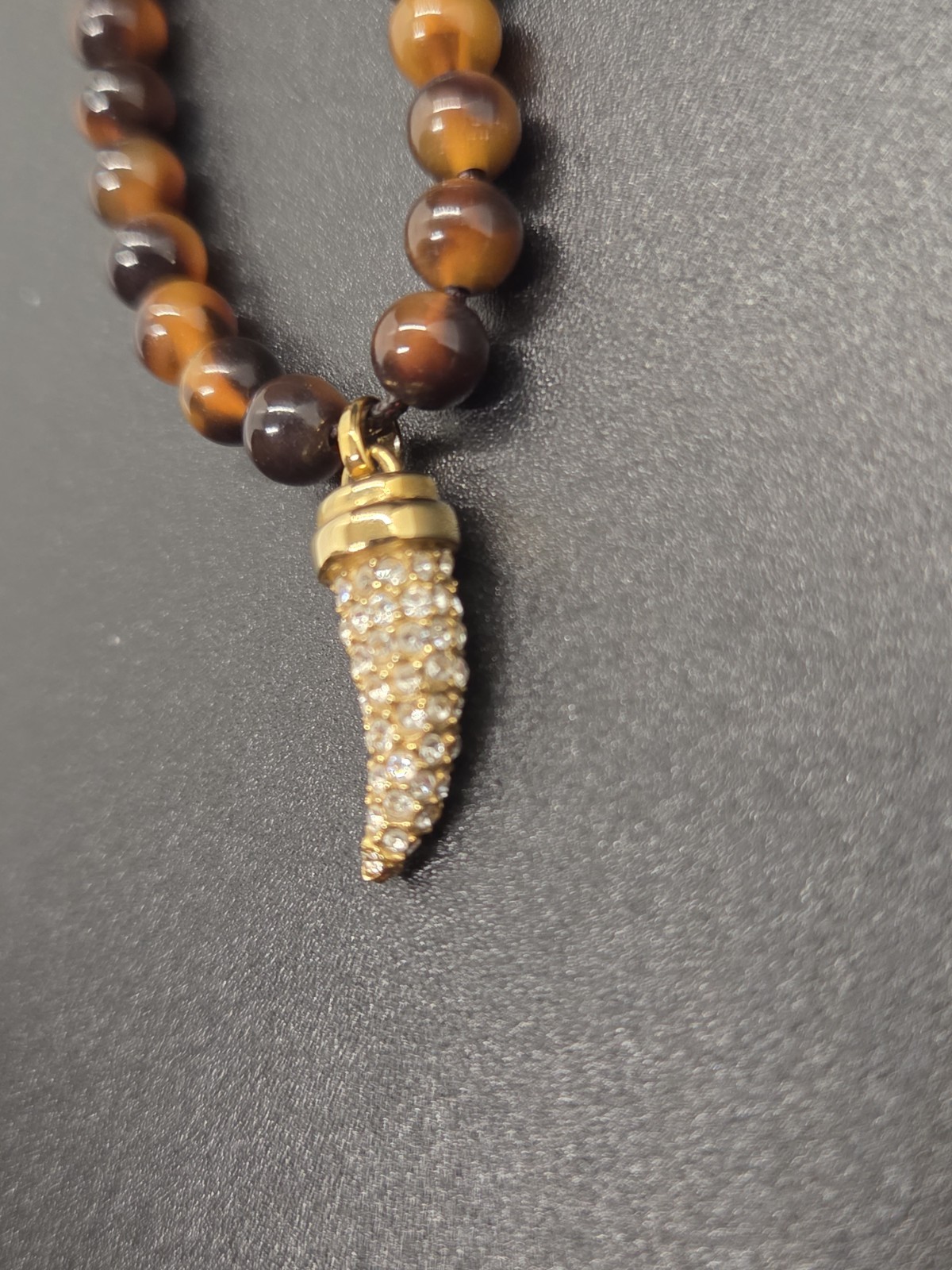 BaubleBar Tiger’s Eye Beaded Necklace Gold Tone Pavé Horn Crescent Pendant 18″
