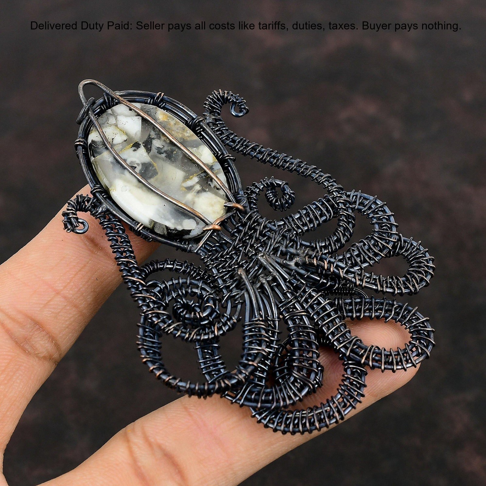 Copper Black And White Turquoise Gemstone Wire Wrap Wife Pendant Jewelry Copper