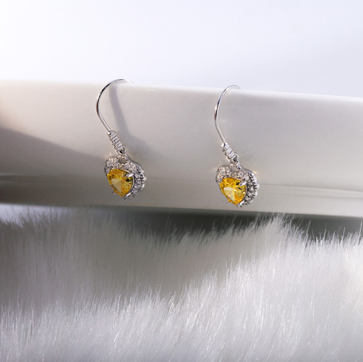 925 Sterling Silver Yellow & Clear CZ Heart-Shaped Dangle Drop Earrings gift F1