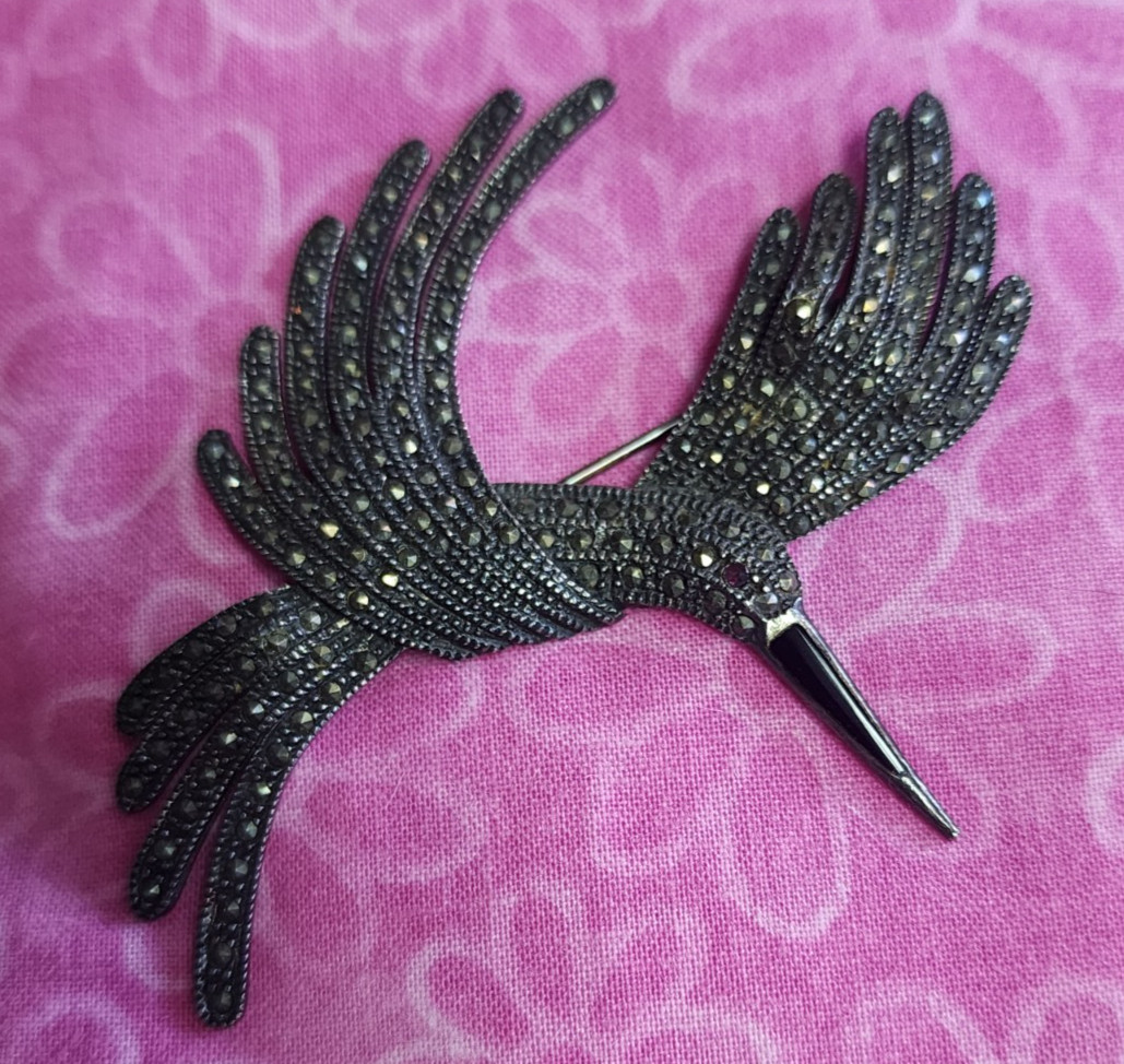 Marquisite humming bird pin / circa 1995 / 2.5 x 3.5 inches