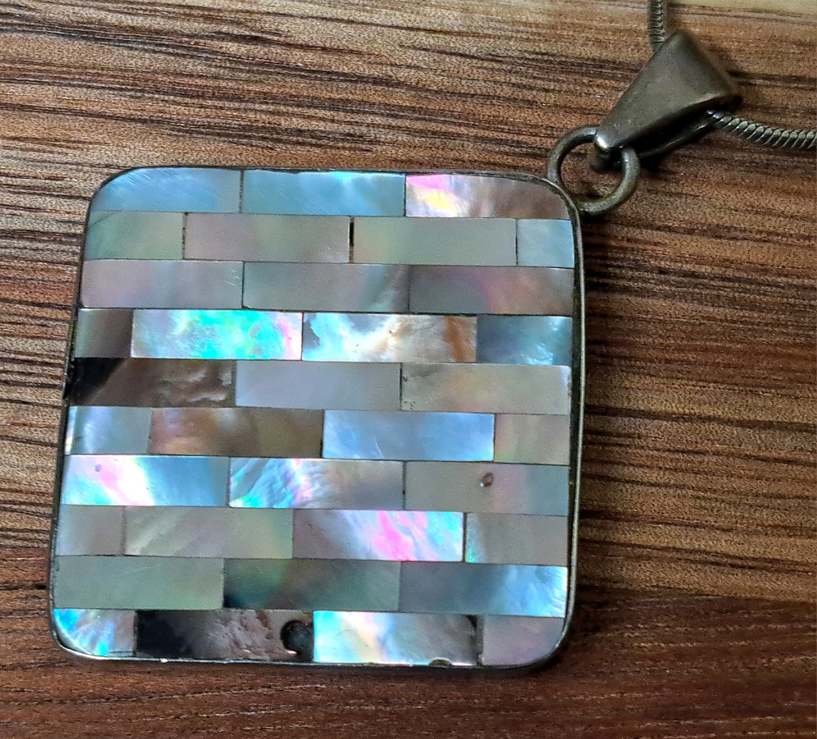 Vintage Sterling Silver 925 pendant Abalone mosaic Large 3cm 17.1gr 47cm chain