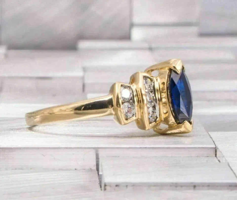 2.50Ct Marquise Sapphire & Diamond Vintage Wedding Ring 14k Yellow Gold Plated