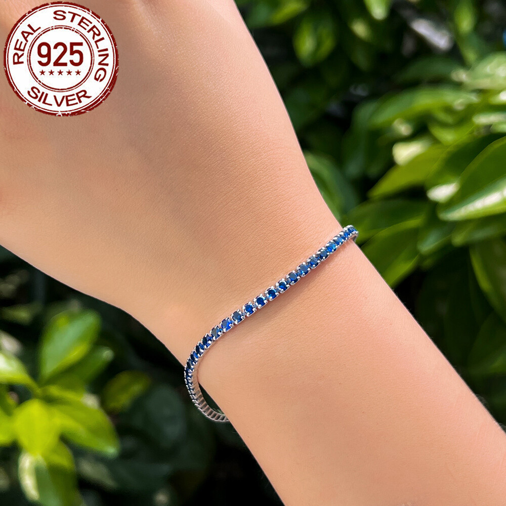 Royal Blue Round Cubic Zircon 925 Sterling Silver Tennis Bracelet for Women Gift
