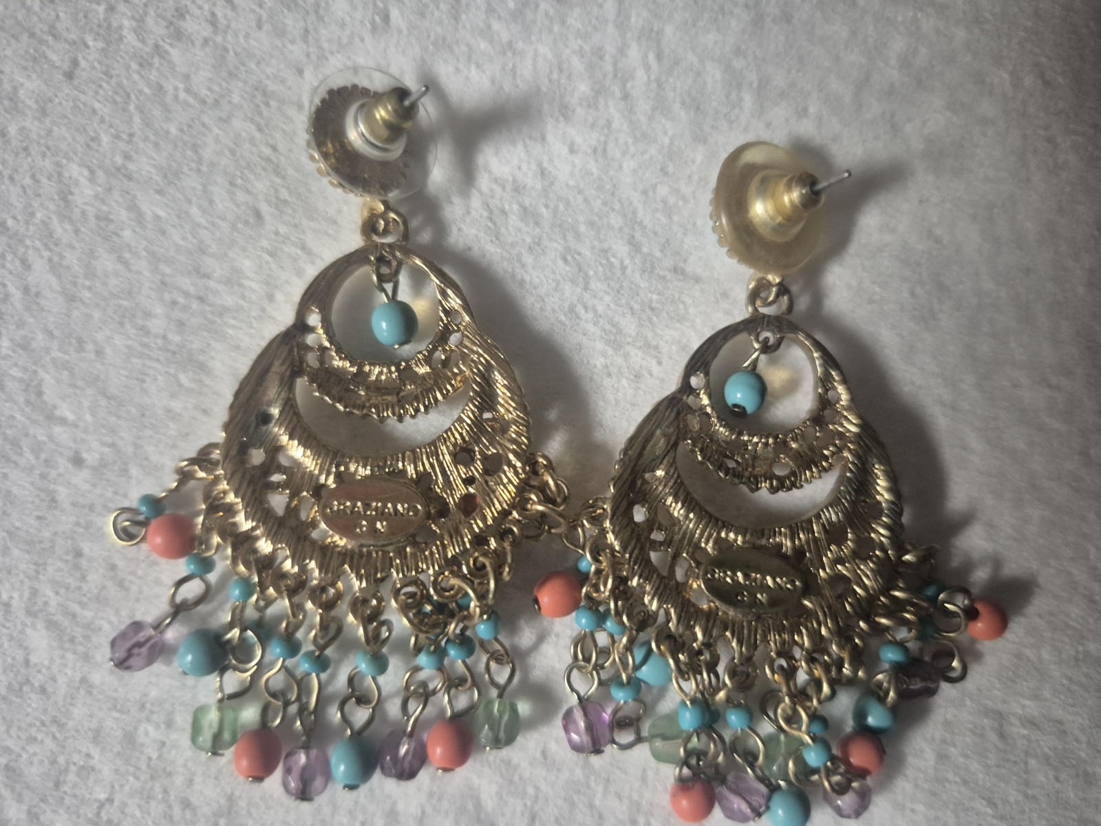 Vintage 1990s Signed Graziano CN Gold Tone Boho Chandelier Dangle Post Earrings