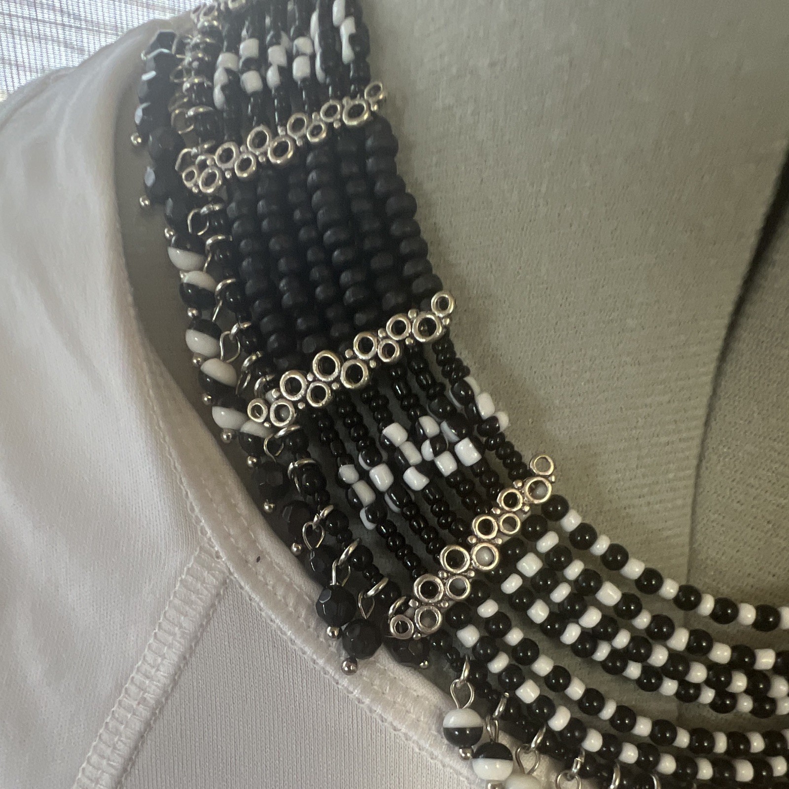 Black White & Silver Tone Beaded Statement Bib Necklace, Adjustable, Lobster