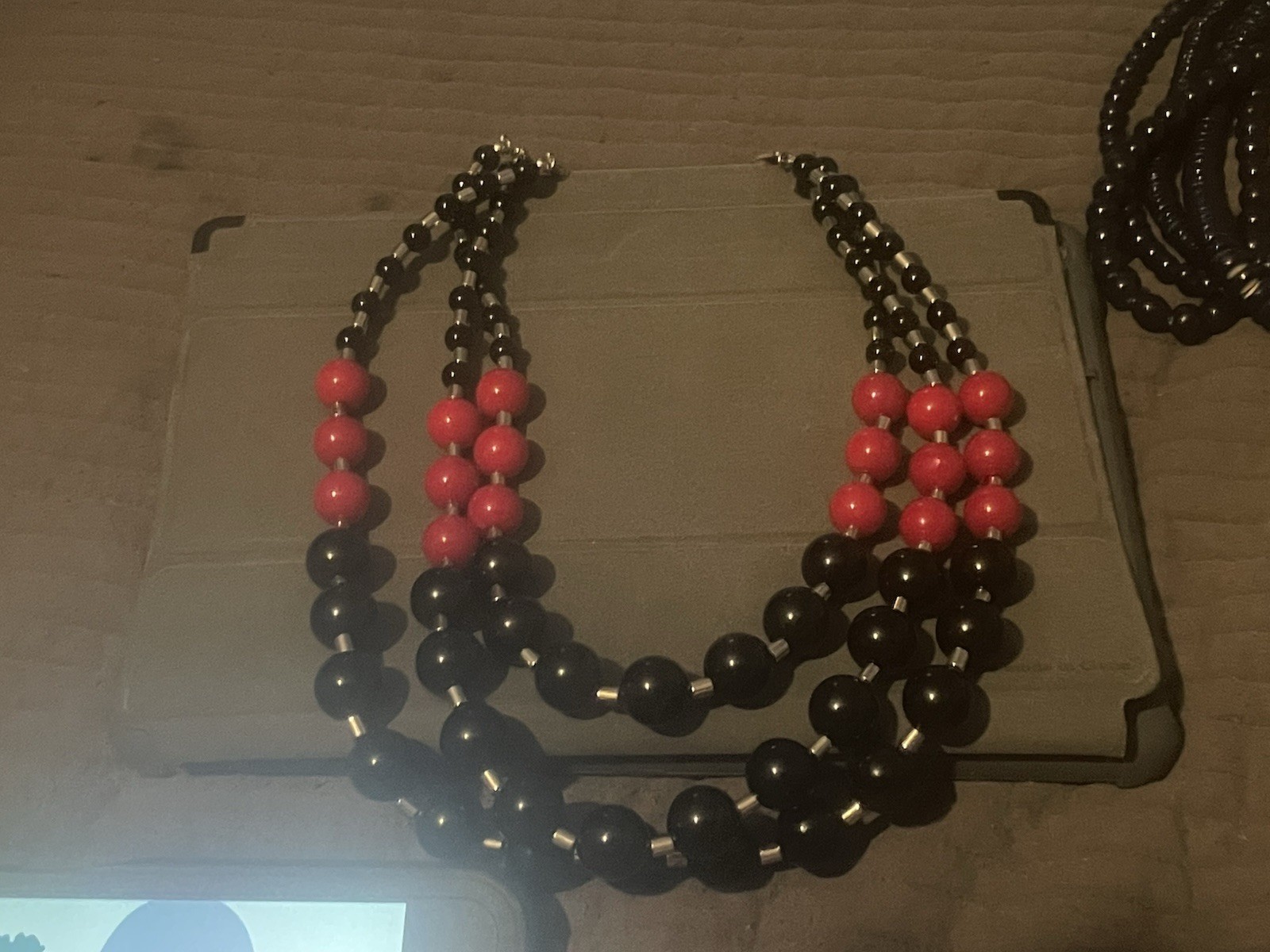 Black And Red Beaded Layered Necklace With Silver Accents