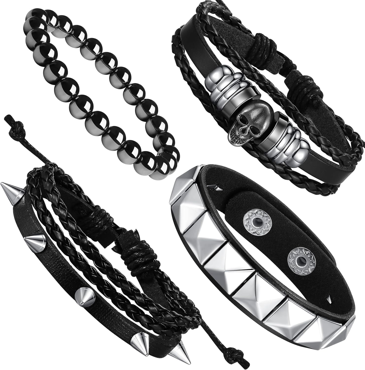 4Pcs 7.2-7.8in Punk Bracelets for Men Women Leather Spike Bracelet Metal Cuff…