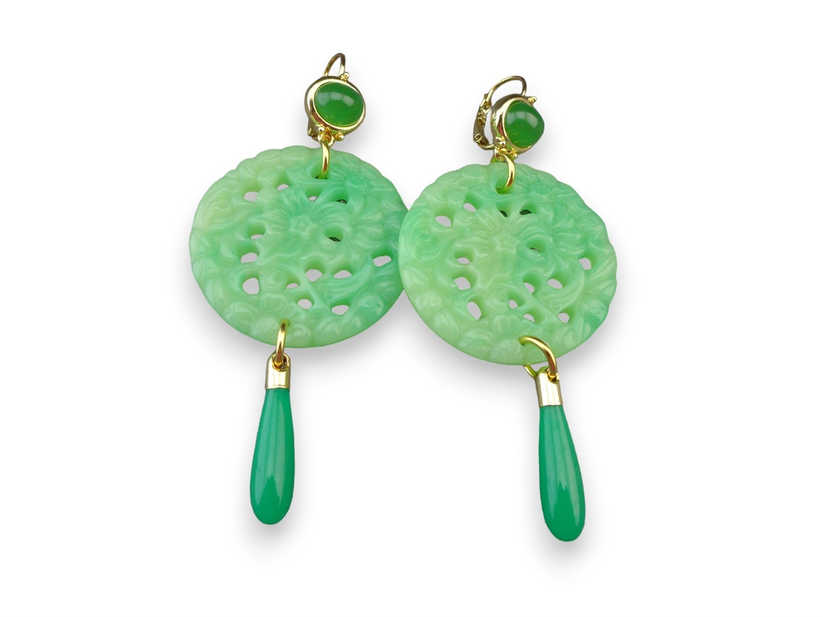 Kenneth Lane KJL COUTURE Asian Carved Green Jade Statement Drop Earrings 3-1/2″