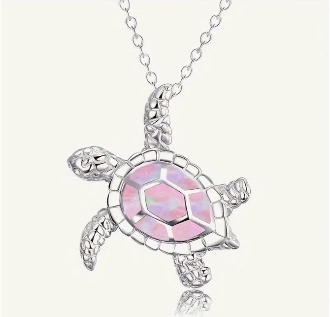 Silver Pink Stone Turtle Pendant Necklace Fashion Fun Jewelry