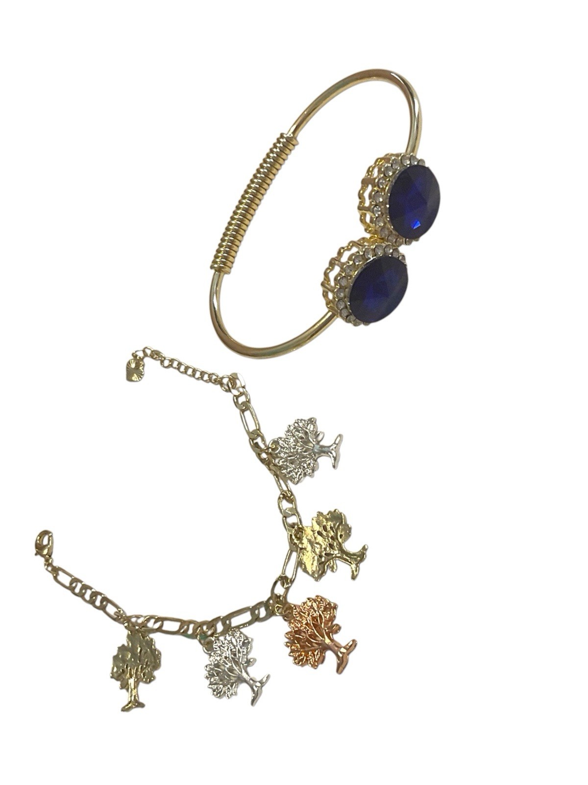 Gold Tone Charm & Bangle Bracelet Set w/ 2 Blue Oval Stones Adjustable